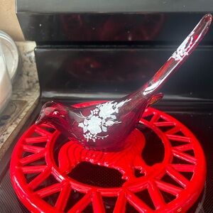 Fenton Red Glass Bird with White Floral Design